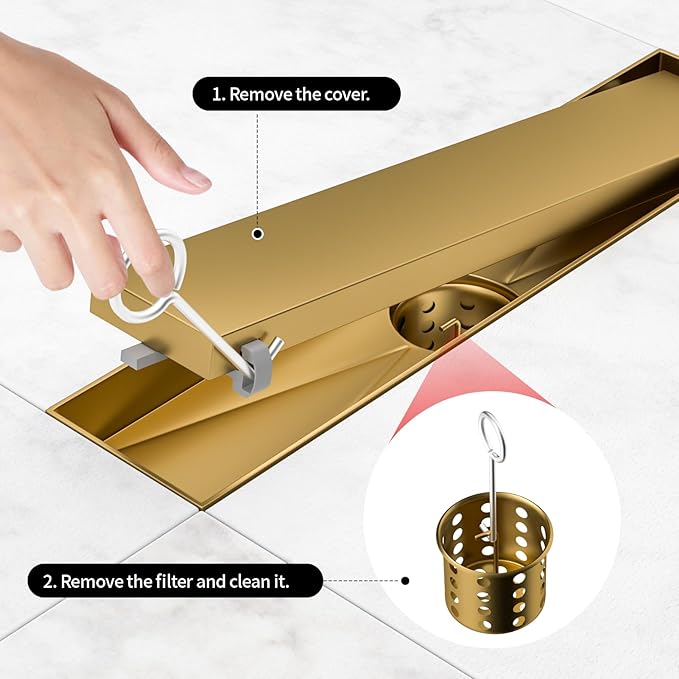 Linear Shower Drain, 304 Stainless Steel with Adjustable Leveling Feet, Hair Strainer,Reversely Install Place to Create an Invisible Floor Drain - Gold -16-Inch
