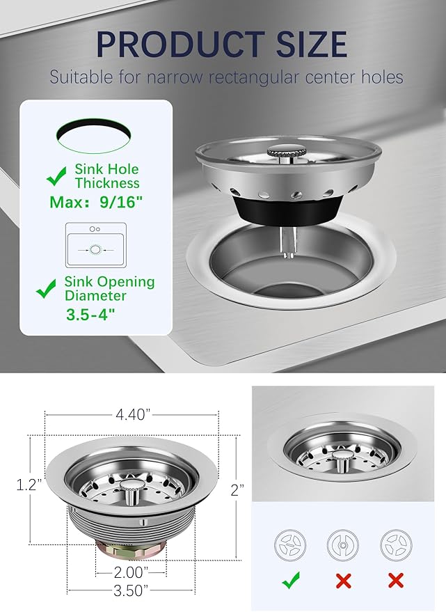 Stainless Steel Commercial Kitchen Sink Drain Assembly for Restaurant Kitchen Sink, 3-1/2 inch Kitchen Sink Drain Kit with Strainer and Stopper, Rustproof and Leakproof