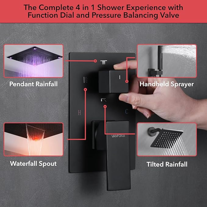 VANFOXLE Shower Faucet Set Matte Black Four Modes Shower System,Shower Faucet with 2 in 1 Handheld,Ceiling Mount 16 Inch LED Shower Head(Rain and Waterfall)+6 Inch Shower Head