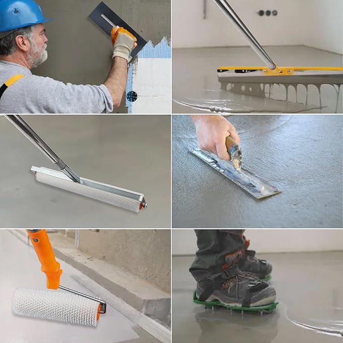 Self Leveling Tool Kits, Floor Rollers With Extensions Stainless Steel Trowels Self Leveling Rakes Shoes With Spikes Epoxy Flooring Tools Cement Concrete Self Leveling Tool Kits (7PCS)