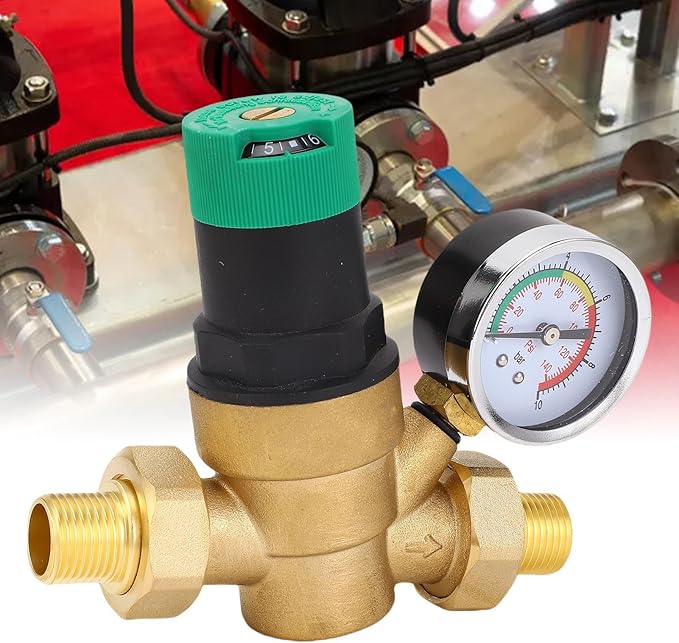 FTVOGUE Water Pressure Regulator Brass Adjustable with Pressure Dial Gauges 1 to 6 Bar Range for RV Home Plumbing System Reduction (3/4 inch (DN20))