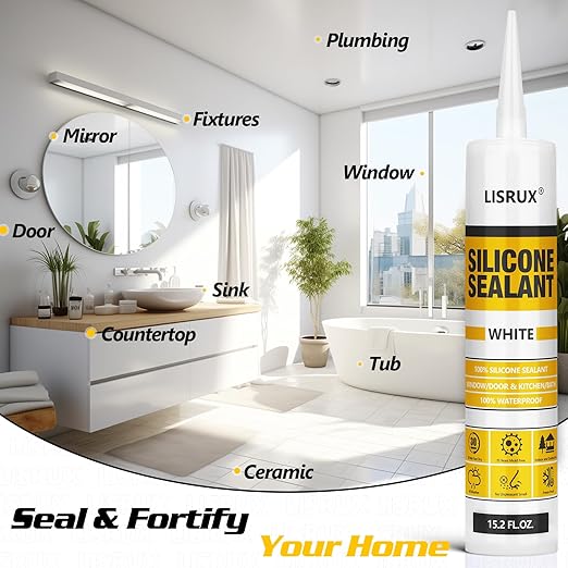 White Advanced Silicone Caulk, 100% Waterproof Silicone Sealant Indoor Outdoor Caulking for Window, Door, RV, Roof, Auto & Marine, Kitchen, Bathroom, Glass,15.2 oz（6-Pack） No Odor
