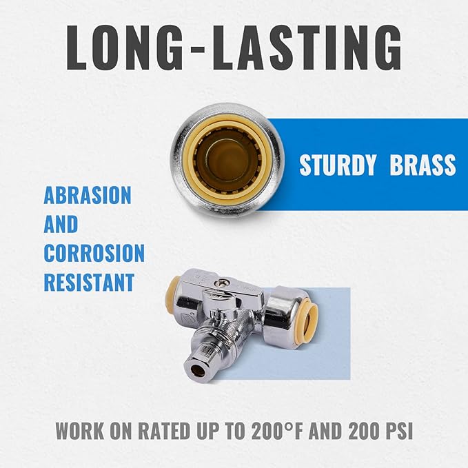 SUNGATOR Service Tee Stop Valve, 1/2" Ptc x 1/2" Ptc x 1/4" Compression, 1/4 Turn Push Fit Water Valve Shut Off Fitting with Disconnect Clip & Tape, Push-to-Connect, PEX, Copper, CPVC, No Lead Brass