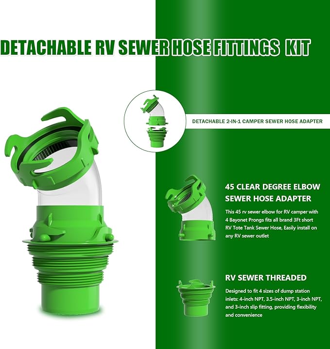 6-in-1-45° Clear RV Sewer Hose Elbow with Adapter and Built-in Gasket Odor - Fits 4 Sizes of Dump Station Inlets (45° -Elbow Adapter)