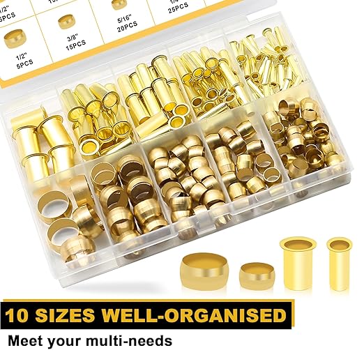 Siptenk 180PCS Brass Compression Sleeves Ferrules & Inserts Tube OD 1/2" 3/8" 5/16" 1/4" 3/16", 5 Sizes Tubing Insert Brass Ferrule Kit for DOT Air Brake LIne Fittings