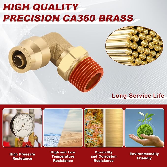 3/8" Quick Push to Connect Fittings Brass 90 Degree Union Swivel Elbow Joint DOT Approved 3/8" Tube OD x 3/8" NPT Thread Air Brake Line Adapter Air Suspension Kit for Car Truck Trailers 5pcs
