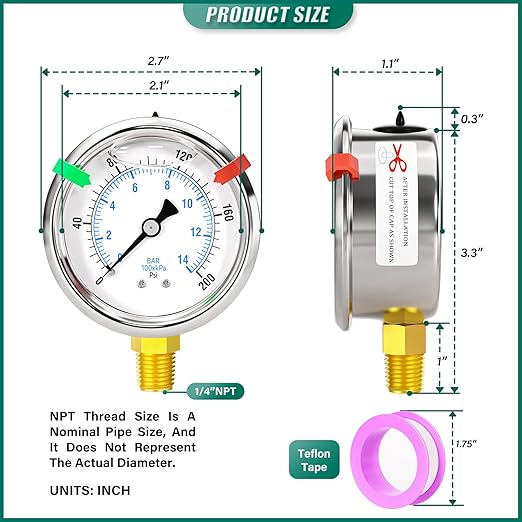 0-200psi Stainless Steel 1/4" NPT 2.5" Dial, Glycerin Liquid Filled Pressure Gauge Lower Mount Designed for Pressure Testing of Water, Oil and Air (with Range Mark Pointer)