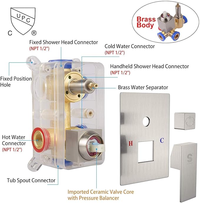 SR SUN RISE 12 Inches All Metal Shower System with Tub Spout Square Rain Shower Head and Handheld Combo Shower Fixtures, Bathtub Faucet Set, Shower Valve and Trim Kit, Brushed Nickel