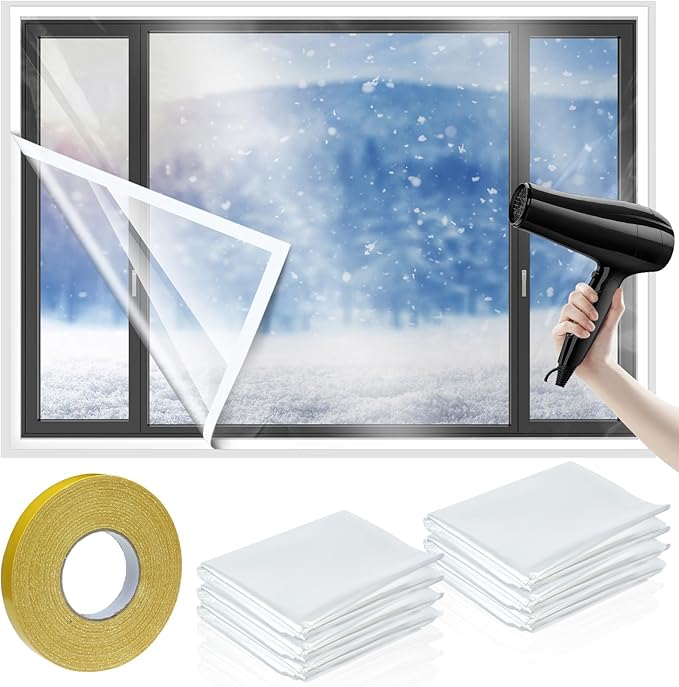 6 Pcs 47 x 63 Inch Window Insulation Kit - Cuttable Transparent Shrink Film With Double Side Tape for Patio Winterizing - Reusable Plastic for Thicken Warm Winter Windows