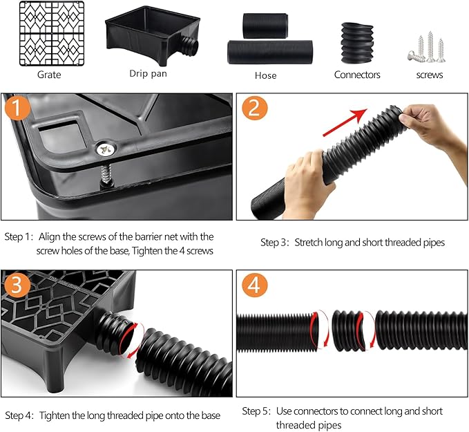 Rain Gutter Downspout Extensions with 10×10in Catch Basin, Low-Profile Downspout Extender, Flexible Drainage Pipe Extends to 6.5ft, French Drain Kit & Rainwater Diverter for Foundation Protection