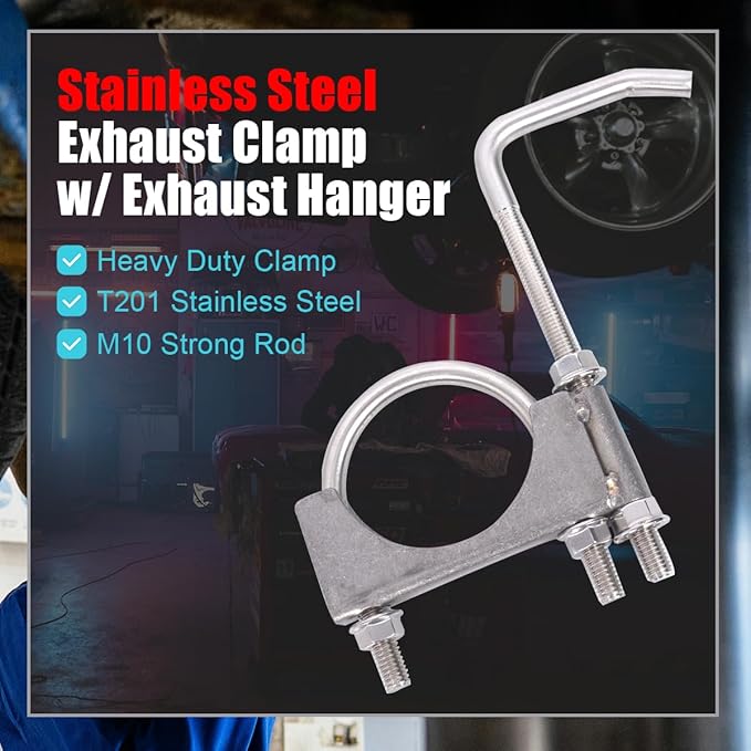 Stainless Steel 2.5" Exhaust Clamp with Hanger Rod for 2-1/2 Inch Exhaust Pipes
