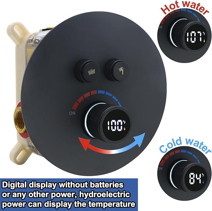 Round Digital Display Shower Valve 2 Way Shower Mixing Valve Concealed Installation Can Use All the Time Matte Black