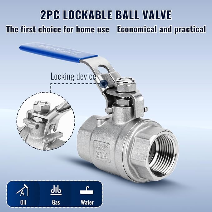 2 Pack 3/4'' Ball Valves NPT Female Stainless Steel 304 Full Port Locking Ball Valve Handle, Heavy Duty Shut Off Valve for Home and Industrial (3/4 Inch)