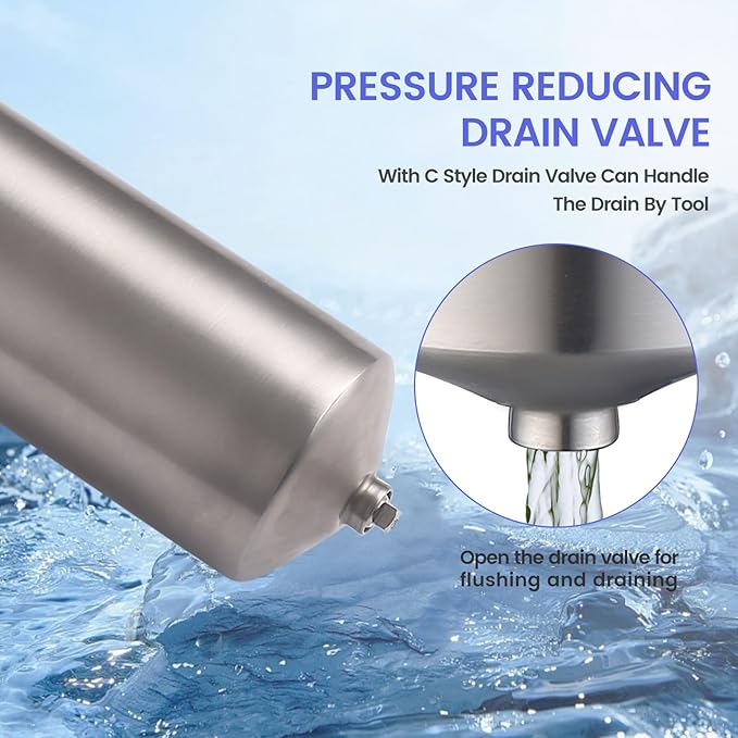 Amwater NSF/ANSI 42 Stainless Steel Whole House Water Filter Housing, 10" x 2.5" Sediment Water Filter System for Heavy Duty, Well & City Water, 1/2" NPT Port, Drain Valve Style C