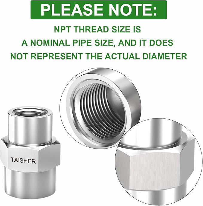 TAISHER 2PCS Forging of 316L Stainless Steel Pipe Fitting, Reducer Coupling, 1/2" NPT Female x 3/8" NPT Female, Reducing Pipe Adapter Fitting