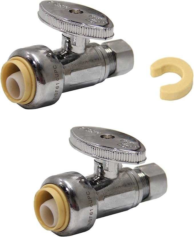 (Pack of 2) EFIELD Push Fit 1/4 Turn Straight Stop Valve Water Shut Off 1/2 Push x 3/8 Inch Compression Chrome with a Disconnect Clip,(PF-VALVE021-2PCS)