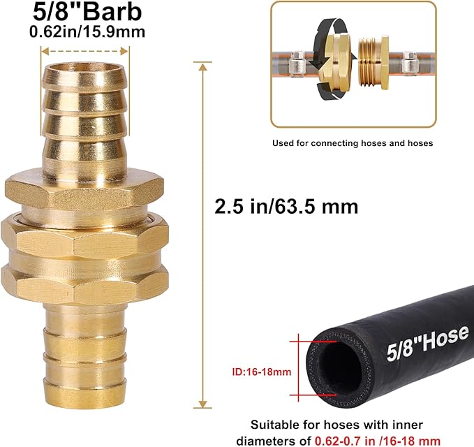 Garden Hose Repair Connector with Clamps Hose End Repair Kit,5/8" Barb Garden Hose Fittings Male and Female brass garden hose ends (5/8"Barb-10 Set)