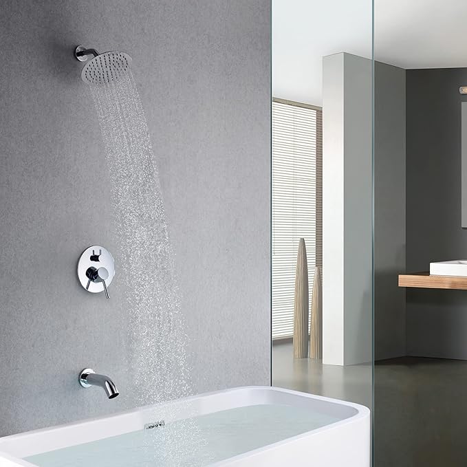 sumerain Tub and Shower Faucet with Valve, Shower Tub Kit with Pressure Balance Valve, 8 Inch Rain Shower Head and Waterfall Spout Chrome Finish