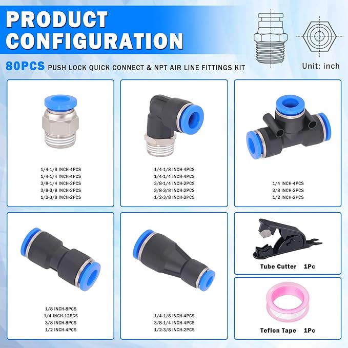 80 Pcs Quick Connect Air Line Fittings Kit Pneumatic Push Lock Air Fittings 1/8",1/4",3/8",1/2" Push to Connect & NPT Thread Air Hose Fittings Quick Release Airline Fitting Kit
