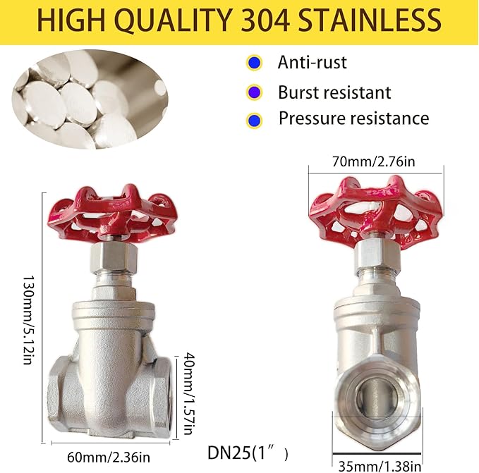 304 Stainless Steel Gate Valve, 1" NPT Stainless Steel Female Threaded Rotary globe valve for water flow switches, fuel water vapor, air switches, for sump pumps and air compressors DN25