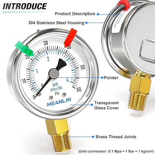 MEANLIN MEASURE 0~60Psi Dry Pressure Gauge Stainless Steel 1/4" NPT 2" FACE DIAL Waterproof for Pool Filter Pump Oil Air Compressor Tire Pressure Tester Lower Mount (with 2PCS Snaps)