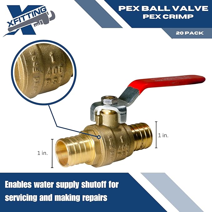 XFITTING 50 Pieces 1" Pex Ball Valve with Red Handle, Full Port, 24-2-5=50X (50)