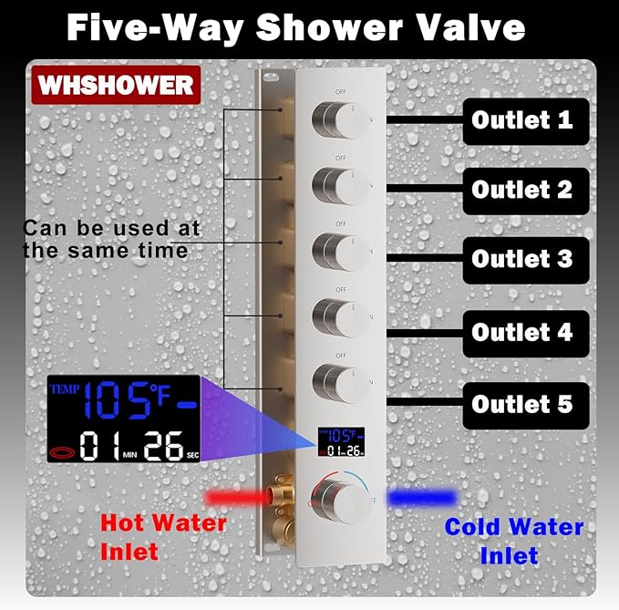 Solid Brass 5 Way Shower Diverter Valve with Temperature Display Shower Mixer Valve Bathroom Shower Diverter Replacement, Chrome
