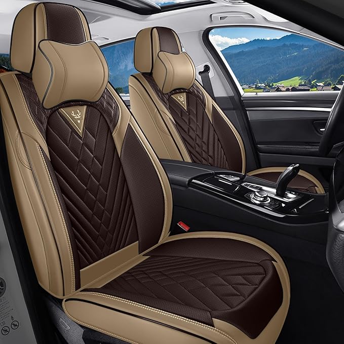 Car Seat Covers for Jaguar E-PACE 2018-2024,Breathable Nappa Leather Car Seat Protector,Front Seat Cover with Pillow Automotive Seat Cushion with Airbag Compatible(Front Seats,Beige-Brown)