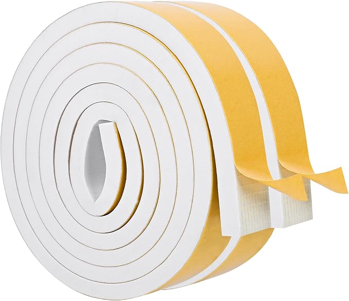 ToLanbbt White Door Window Weather Stripping Self Adhesive Foam Tape High Density Foam Sealing Strip Window Insulation Weatherproof Gasket Tape 1" Wide X 1/4" Thick, 16.5 Ft X 2 Rolls, Total 33 Feet