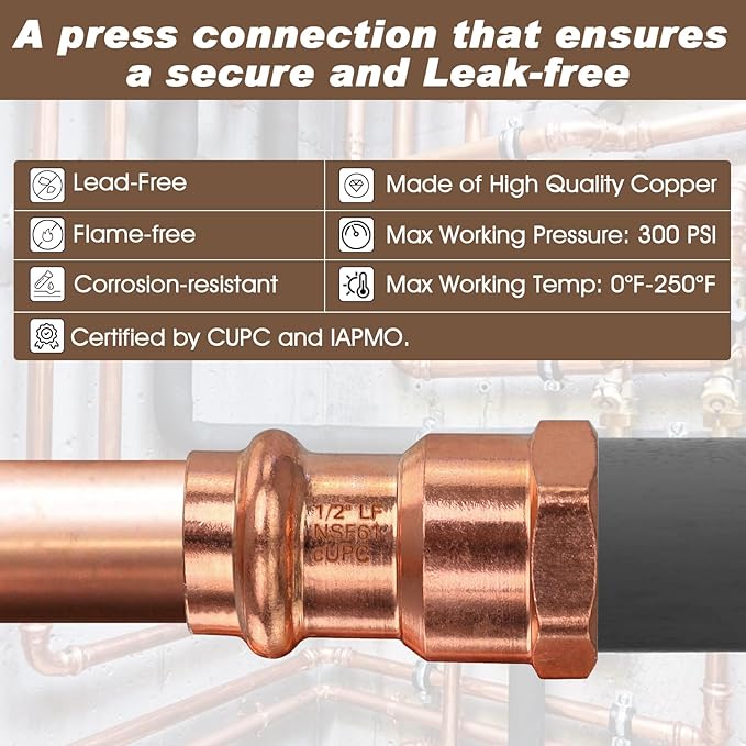 Copper Press Fittings,12PCS 1/2" Press x 1/2” Female NPT Copper Press Female Adapter,1/2” Female NPTxPress LF Coppers Press Adapter Pressure Coppers Fitting Female x Press Connection for Plumbing