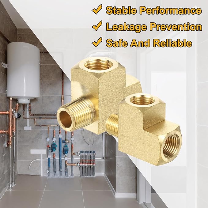 PATIKIL Brass Tee Fitting, 2Pcs 1/8" x 1/8" NPT Female x 1/8" NPT Male Pipe 3 Way Forged Brass Barstock Street Tee Pipe Fittings for Water Gas Refrigeration