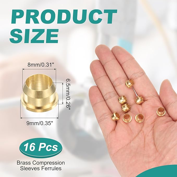 PATIKIL 6 mm OD Tube Compression Sleeves Ferrules, 16 Pack Brass Ferrule Compression Fittings for Water Oil Air Pipes