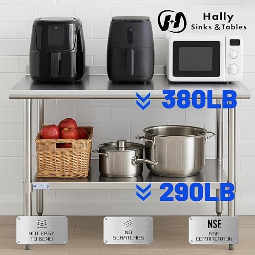 Hally Stainless Steel Table for Prep & Work 14 x 60 Inches, NSF Commercial Heavy Duty Table with Undershelf and Backsplash for Restaurant, Home and Hotel