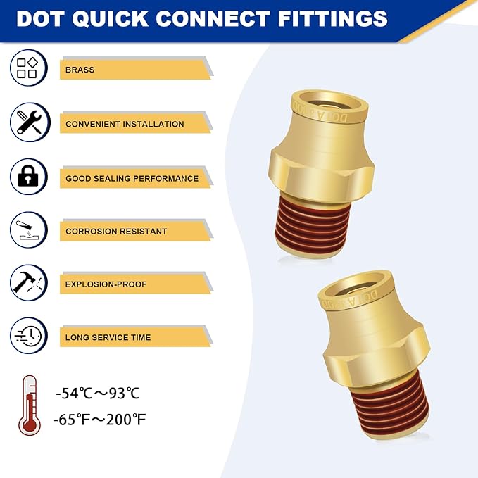 3/8" Brass Push to Connect DOT Air Brake Fittings, 3PCS Air Line Quick Connect Fittings 3/8" Tube OD x 1/4" NPT Connector Tube to Male Pipe for Truck Trailers Air Brake System