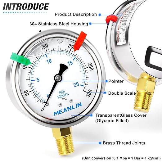 MEANLIN MEASURE 0~300Psi Liquid Filled Pressure Gauge 1/4" NPT 2.5" FACE DIAL Stainless Steel Glycerin Filled WOG Water Oil Air Lower Mount (with 2PCS Snaps)