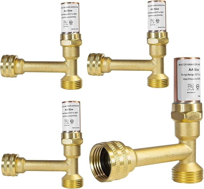 Water Hammer Arrestor,3/4 Inch Swivel FHT x 3/4 Inch MHT Tee Stainless Steel Water Arrestor for Washing Machine Connection(4PACK, Tee Copper Arrestor)(HAMMER014-4Pack)