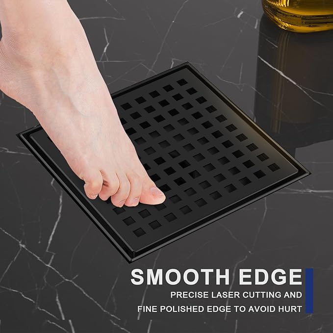 Square Shower Drain | 6 Inch AISI 304 Stainless Steel Shower Drain Kit with ABS Flange, Hair Strainer, Matte Black Shower Floor Drain with Removable Grid Cover, in Bathroom, Kitchen, Balcony etc.