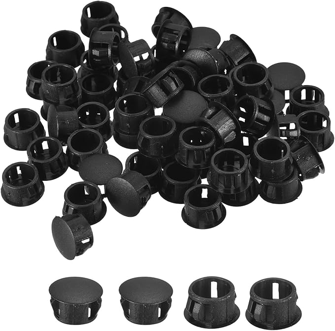 uxcell 35/64" Plastic Hole Plugs, 110Pcs Flush Type Panel Round Snap in Fastener Knockout Locking Plugs for Furniture Insert End Caps Panels, Black