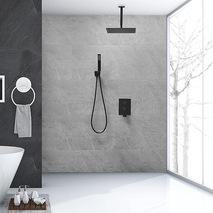 BWE Black Shower Faucet 16 Inch Square Luxury Rain Mixer Shower System Sets Complete 2-Functions Pressure Balancing Ceiling Mount Rainfall Rough-in Valve Body and Trim Included