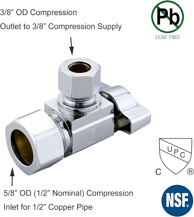(10-Pack) Cyrret Angle Stop Shut off Valve 1/4 Quarter Turn 5/8" OD (1/2" Nominal) Compression Inlet X 3/8" OD Compression Outlet Chrome Plated Brass