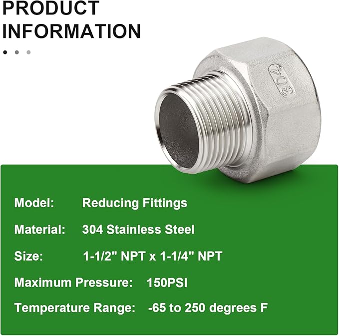 TAISHER 2PCS 304 Stainless Steel Pipe Fitting, Reducer Adapter, 1-1/4" NPT Male x 1-1/2" NPT Female