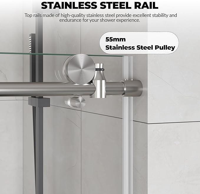 Frameless Sliding Shower Door - 44 to 48 Inch Adjustable Width x 76 Inch Height, 8mm Tempered Glass with Soft Close & Easy-Clean Coating, Stainless Steel Round Rail & 55 Rollers, Matte Black Finish