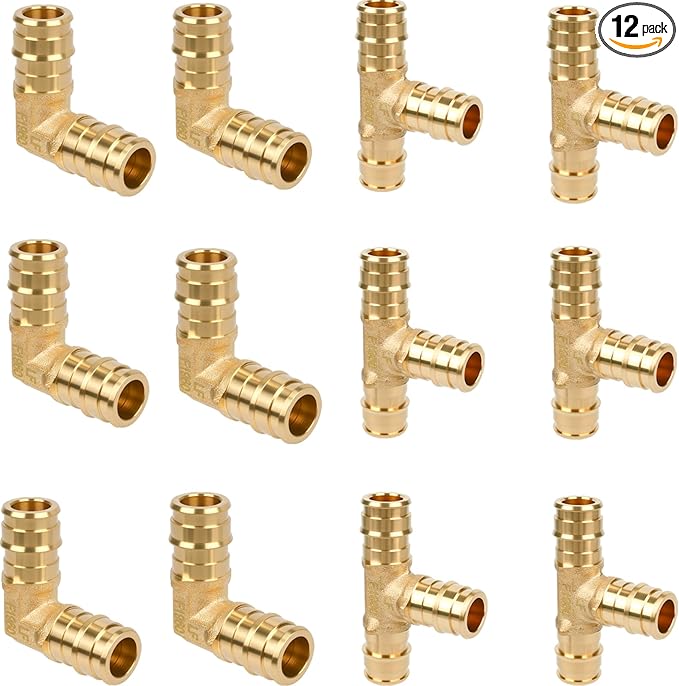 PEX-A Expansion Fittings Combo Pack – 1/2 Inch Tee & Elbow, 10 Pack (5 Tee + 5 Elbow), Lead-Free Brass, Compatible with PEX-A Expansion Systems