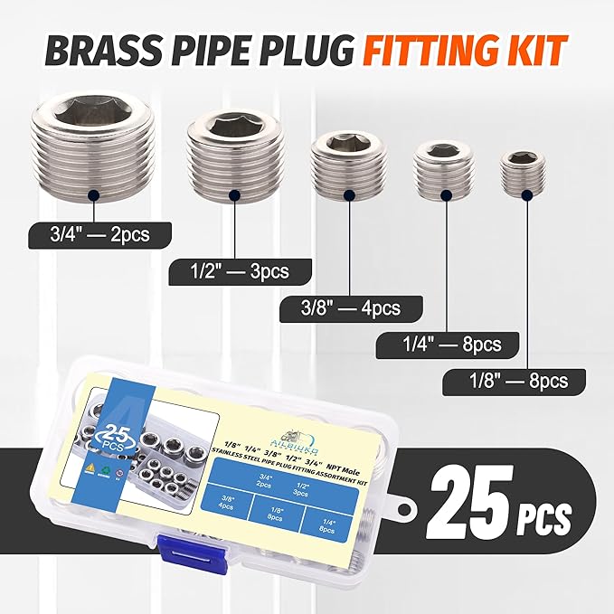 25Pcs 304 Stainless Steel Pipe Plug Fittings Assortment Kit,5 Sizes 1/8" 1/4" 3/8" 1/2" 3/4" NPT Male Internal Hex Thread Socket Pipe Plug Set