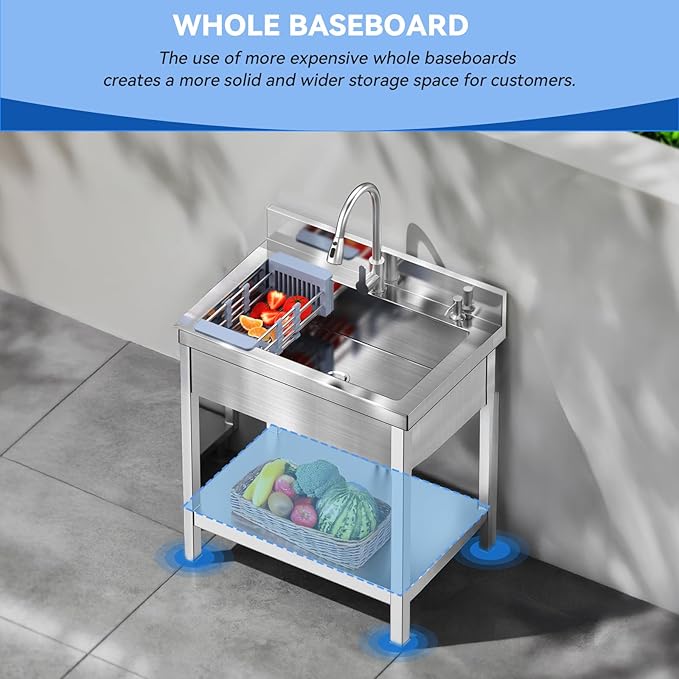 27inch Stainless Steel Utility Sink, Commercial Kitchen Single Bowl Sink with Cold and Hot Water Faucet,Hoses and Drain Kit,Complete Base Plate for Kitchens, Bathrooms, Garage, Laundry Room