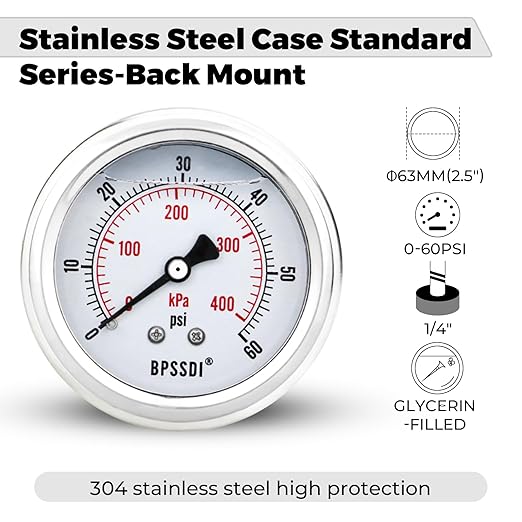 0-60 Psi Glycerin Liquid Filled Low Pressure Gauge, 2.5" Dial Size, 1/4" NPT Back Mount, 304 Stainless Steel Case, for Water Pipe, HVAC, Water Oil Air Pressure Test