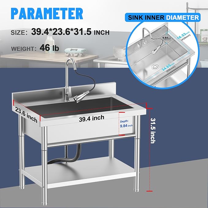 Stainless Steel Utility Sink, 40'' Free Standing Single Bowl Kitchen Sink with Left Right, Cold and Hot Water Pipe, Indoor and Outdoor for Laundry Room Farmhouse Kitchen
