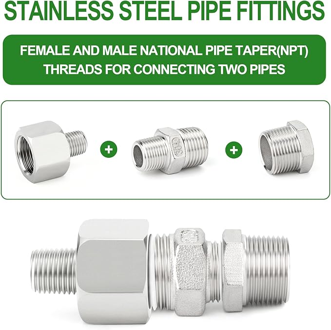TAISHER 10PCS 304 Stainless Steel Pipe Fitting, New Reducer Adapter, 3/8" NPT Male x 1/2" NPT Female, Reducing Pipe Adapter Fitting
