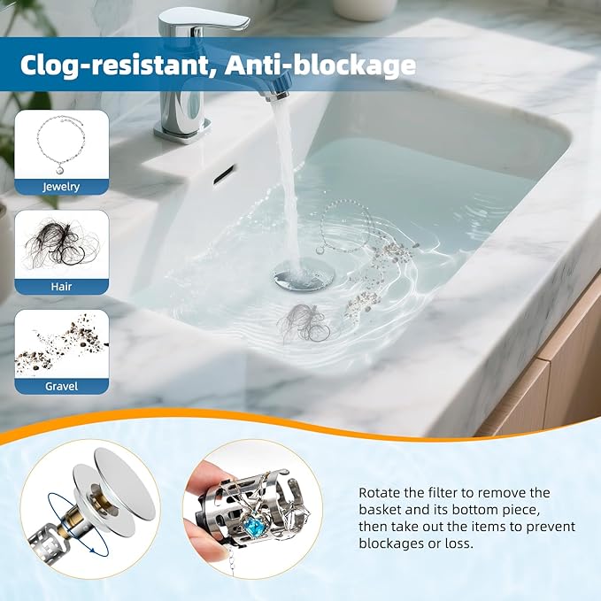 Hibbent Upgraded 3 in 1 Bathroom Sink Drain Strainer, Universal Pop Up Sink Stopper with Big Push Cap, Anti-Clogging Metal Filter Basket,Sink Plug with Hair Catcher for 1.1''~2.36'' Basin, Chrome