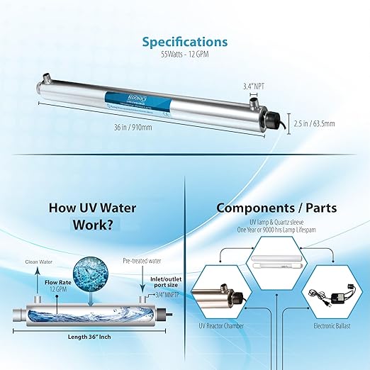 Bluonics 110W UV Ultraviolet Light Plus Sediment and Carbon Well Water Filter Purifier System with NPT 1" Ports, 24 GPM with 3 Filter Size 4.5" x 20" Filters